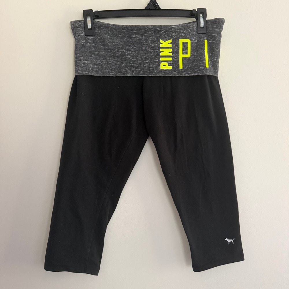 VS PINK 2015 Gray Neon Foldover Capri Yoga Pants Size M